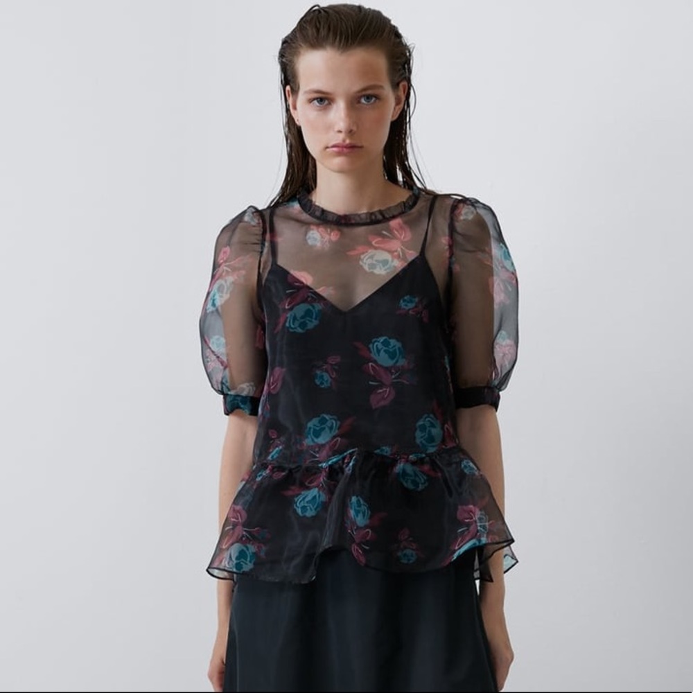 Zara PRINTED ROSE ORGANZA SEMI-SHEER BLOUSE PEPLUM - Picture 3 of 8